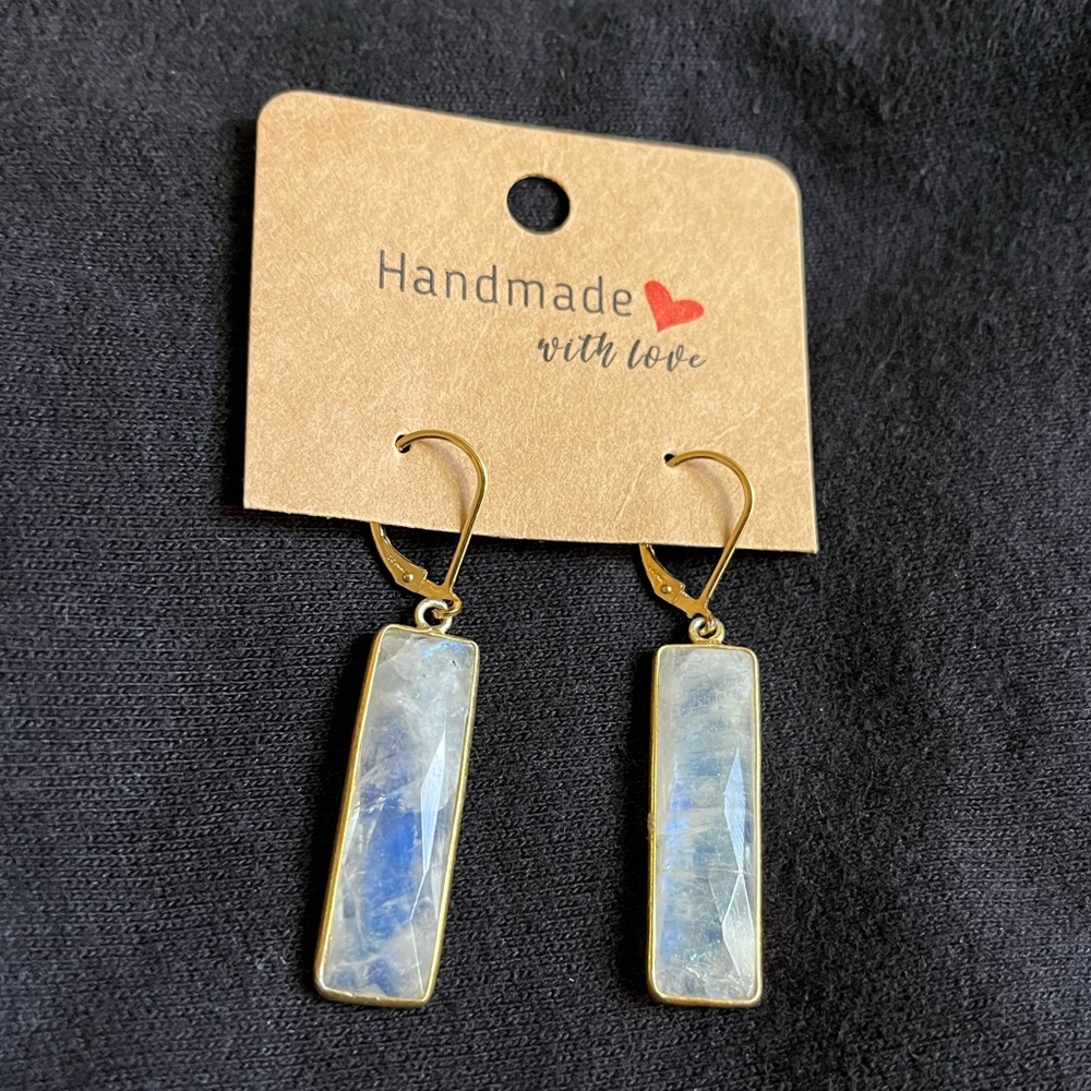 Faceted Rainbow Moonstone Rectangular Earrings - image 4